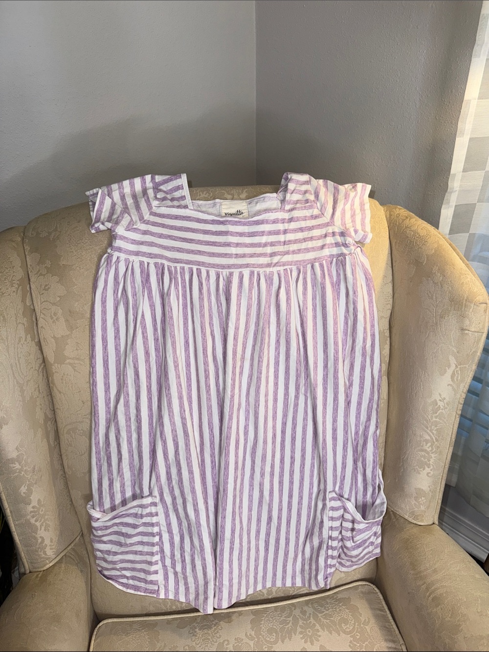 Girls Lavender & White Striped Casual Pocket Dress